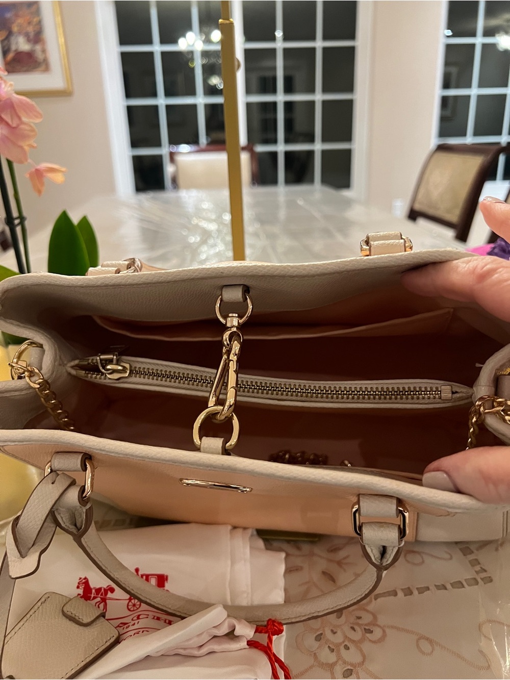 Coach Blush Peach Ivory Pebbled Leather Satchel Gold Chain Carryall Luxury - Picture 13 of 16